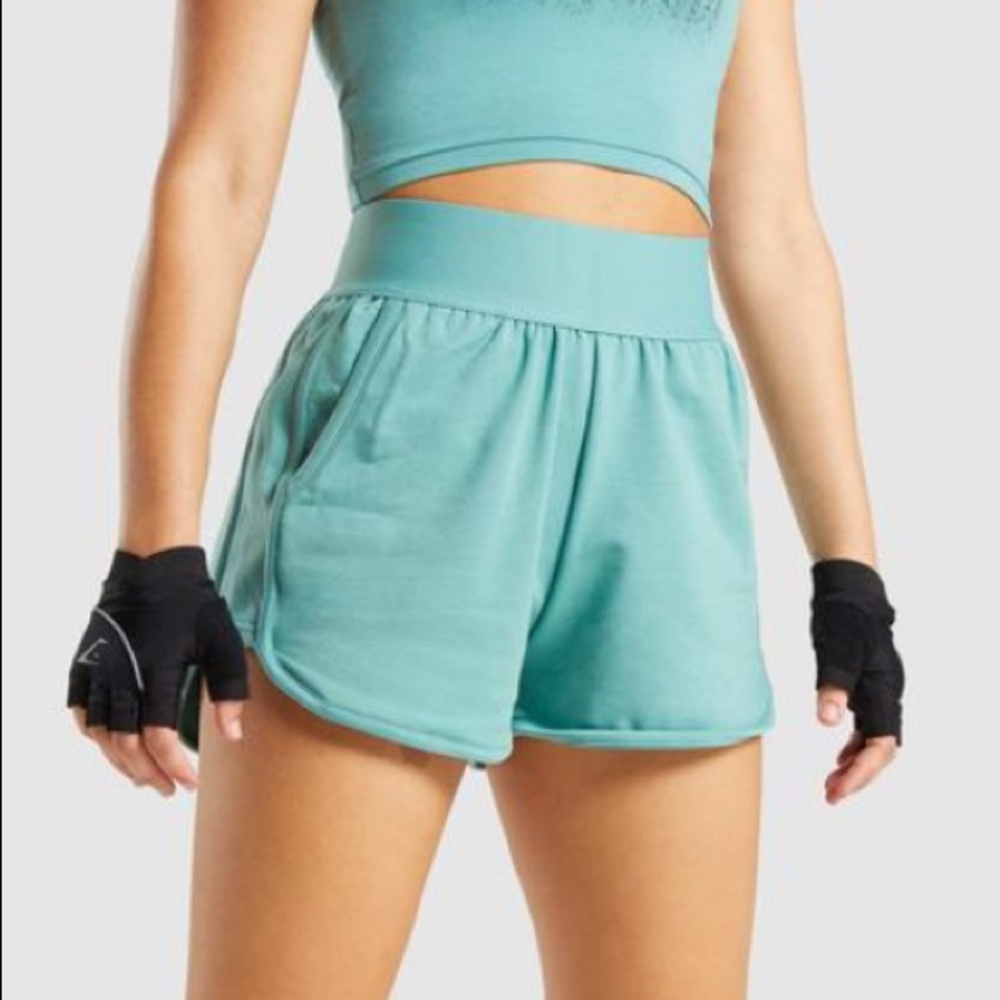 M gymshark chalk shorts and M matching chalk bra